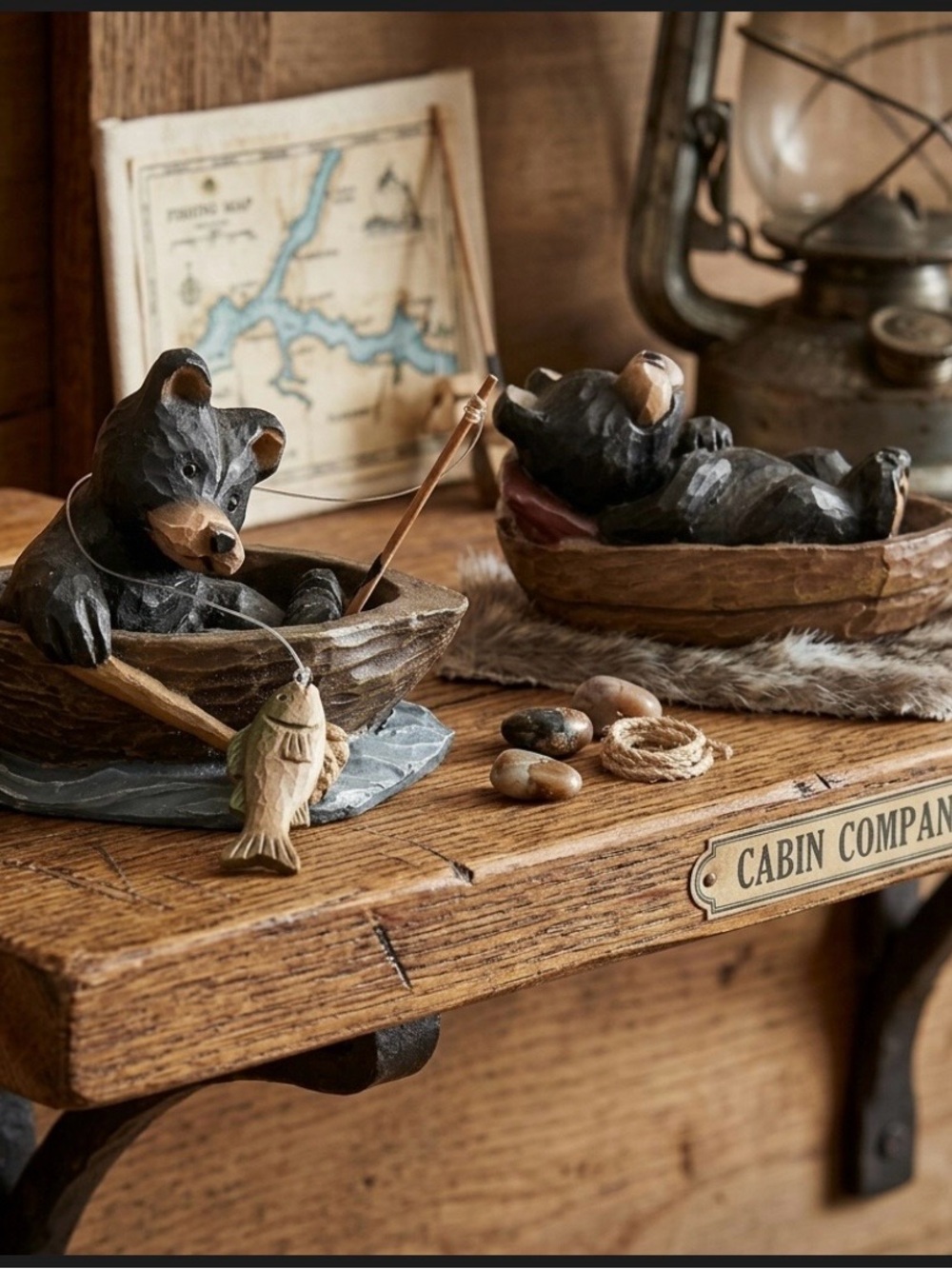 Hand Carved Look 2 Black Bear Fishing Figurines